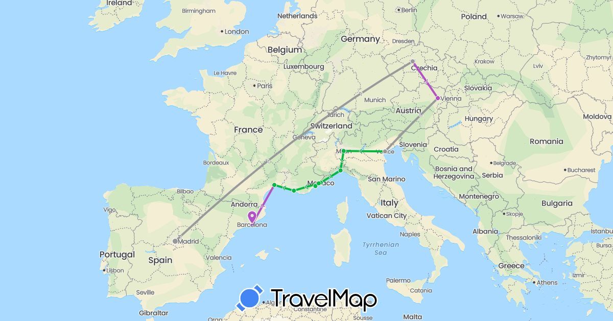 TravelMap itinerary: driving, bus, plane, train in Austria, Czech Republic, Spain, France, Italy, Monaco (Europe)